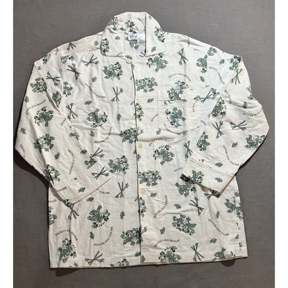 Disney Mickey Minnie Skiing Sleepwear Top Womens S/M White Button‎ Up Shirt
